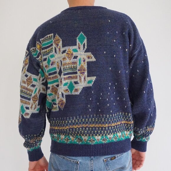 VTG '80s Koman Blue Green Biggie Cosby Eclectic Grandpa Crewneck Knit Sweater XL - Picture 2 of 10